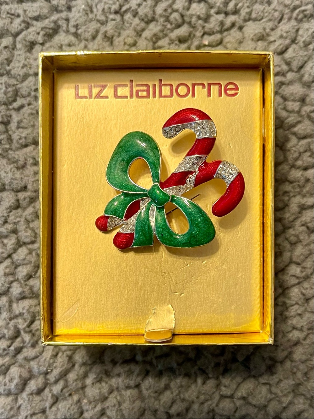 Liz Claiborne Green and Red Enamel Candy Cane Bow Brooch with Rhinestones